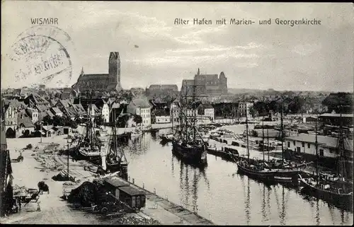 Ak Hansestadt Wismar, alter Hafen mit Marien- und Georgenkirche