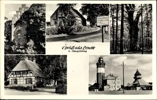 Ak Lenste Grömitz in Ostholstein, Leuchtturm, Waldpartie, Fachwerkhaus, Ruine, Kirche