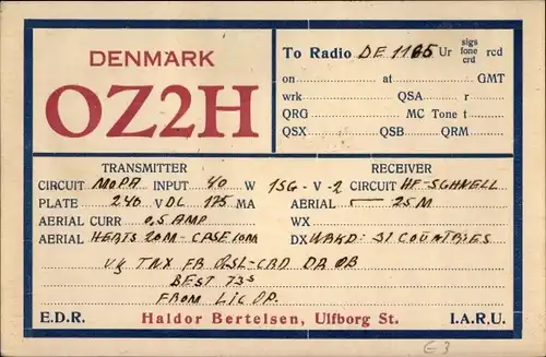 QSL Karte Dänemark, Haldor Bertelsen, OZ2H to DE 1165, Amateurfunk