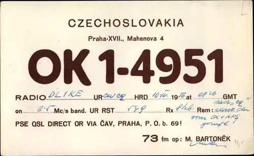 QSL Karte Praha Prag, M Bartonek, OK14951 to DL1KE, Amateurfunk