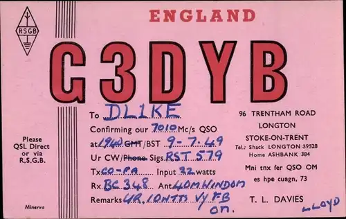 QSL Karte Longton West Midlands, T L Davies, G3DYB to DL1KE, Amateurfunk