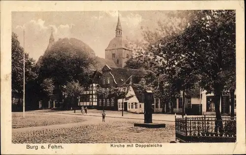 Ak Burg auf der Insel Fehmarn, Kirche mit Doppeleiche