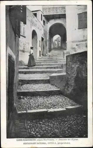 Ak Cabbé Roquebrune Alpes Maritimes, Descente de l'Eglise, Restaurant National