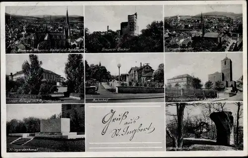 Ak Sankt Ingbert im Saarland, Brauerei Becker, Bahnhof, Kriegerdenkmal, Gymnasium, Kirche