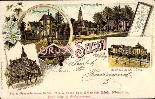 Judaiga Litho Seesen in Niedersachsen, Jacobsen Schule und Synagoge, Denkmal, Amtsgericht, Kirche