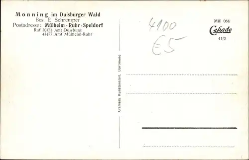 Ak Speldorf Duisburg im Ruhrgebiet, Gasthaus Monning im Wald, E. Schremper