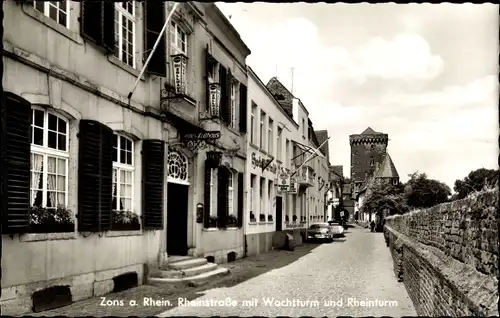 Ak Zons Dormagen Niederrhein, Rheinstraße mit Wachtturm und Rheinturm
