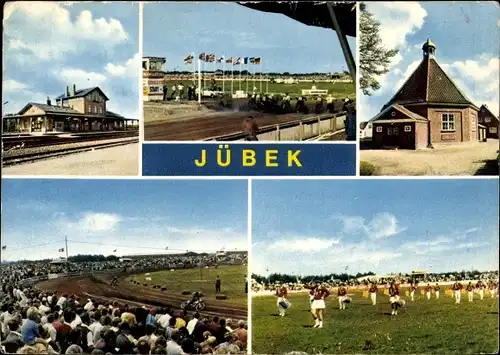 Ak Jübek in Schleswig Holstein, Internationales Sandbahnrennen, Motorradrennen, Bahnhof