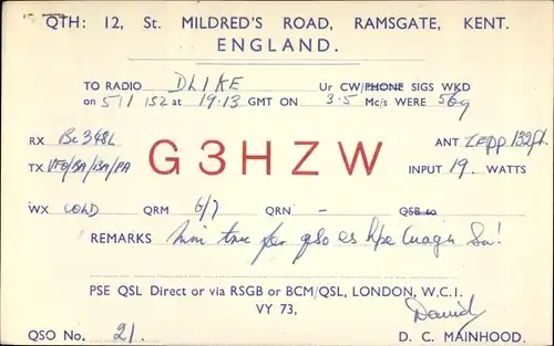 QSL Karte Ramsgate South East England, D C Mainhood, G3HZW to DL1KE, Amateurfunk