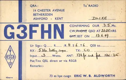 QSL Karte Ashford South East England, Eric W B Aldworth, G3FHN to DL1KE, Amateurfunk