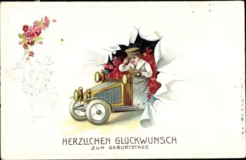 Präge Ak Glückwunsch Geburtstag, Mann,, Auto, Blumen