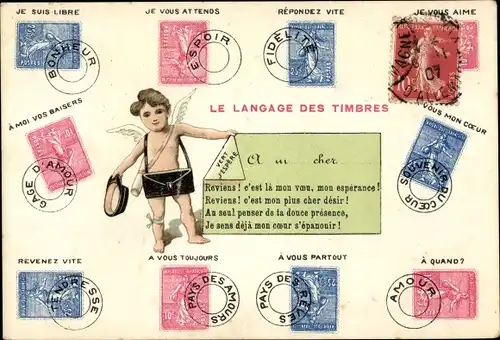 Ak Briefmarkensprache, je suis libre, je vous attends, repondez vite, Amor