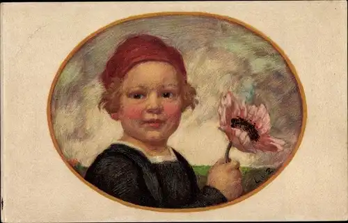 Künstler Ak Zumbusch, Ludwig von, Bayerischer Blumentag 1913, Junge mit Mohnblüte