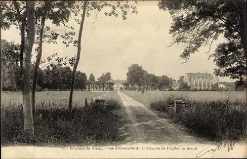 Ak Dreux Eure et Loir, Vue d'Ensemble du Chateau et de l'Eglise du Breuil