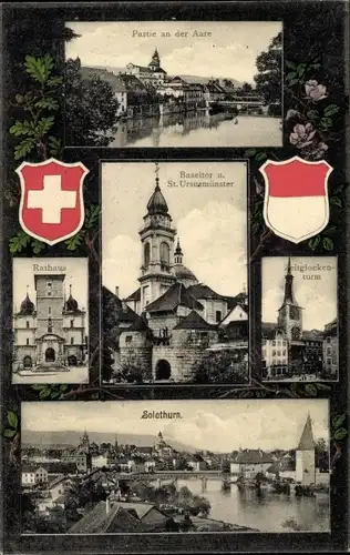 Ak Solothurn Stadt Schweiz, Baseltor, St. Ursusmünster, Zeitglockenturm, Rathaus, Aare, Wappen