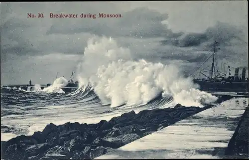 Ak Ceylon Sri Lanka, Breakwater during Monsson