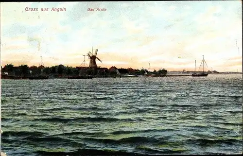 Ak Bad Arnis an der Schlei, Flusspartie, Windmühle