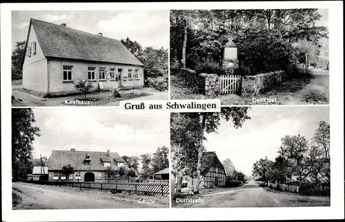 Ak Schwalingen Neuenkirchen in der Lüneburger Heide, Kaufhaus, Denkmal, Schule, Dorfstraße