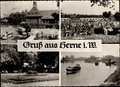 Ak Herne im Ruhrgebiet, Partie am Strand, Hauptbahnhof