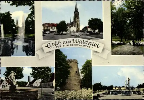 Ak Waldniel Schwalmtal am Niederrhein, Kirche, Brunnen, Turm, Schwimmbad