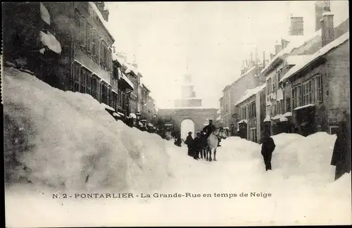 Ak Pontarlier Doubs, La Grande Rue en temps de Neige