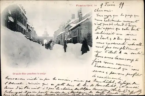 Ak Pontarlier Doubs, Grande Rue pendant la neige