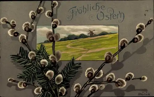 Künstler Präge Litho Mailick, Glückwunsch Ostern, Frühlingslandschaft, Windmühle, Weidenkätzchen