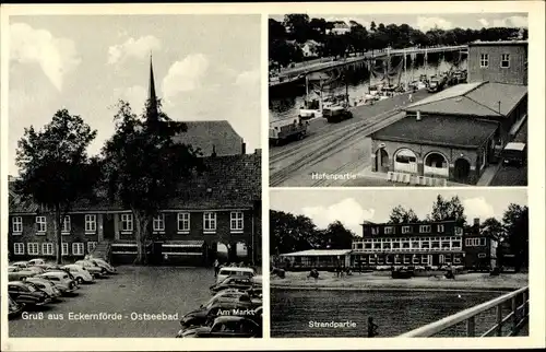 Ak Ostseebad Eckernförde, Am Markt, Hafenpartie, Strandpartie