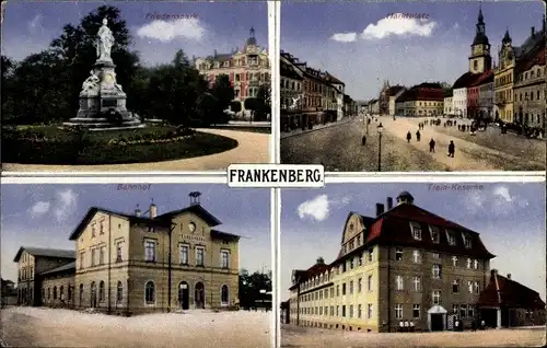 Ak Frankenberg an der Zschopau Sachsen, Friedenspark, Marktplatz, Bahnhof, Train Kaserne