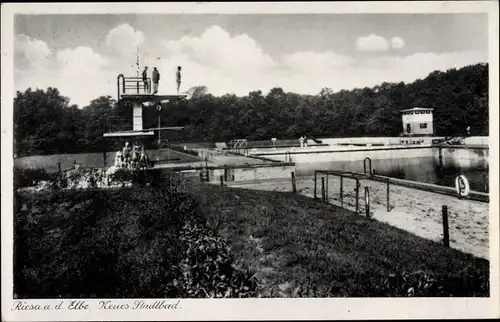 Mondschein Ak Riesa an der Elbe Sachsen, Neues Stadtbad