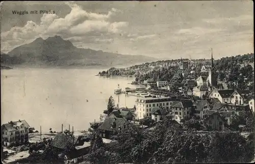 Ak Weggis Kanton Luzern, Gesamtansicht, Pilatus