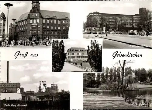 Ak Gelsenkirchen im Ruhrgebiet, Hans Sachs Haus, Postamt, Zeche Graf Bismarck, Schloss Berge