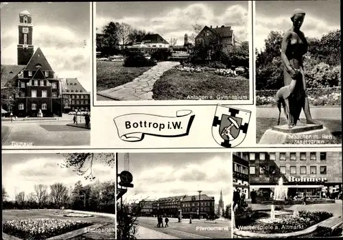 Wappen Ak Bottrop im Ruhrgebiet, Rathaus, Anlagen am Gymnasium, Pferdemarkt, Wasserspiele