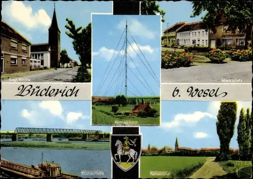 Wappen Ak Büderich Wesel am Niederrhein, Kirche, Marktplatz, Fernsehturm, Rheinbrücke, Teilansicht