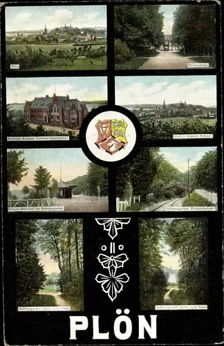 Wappen Ak Plön in Holstein, Teilansichten, Kaiserin Auguste Victoria Gymnasium, Waldpartie