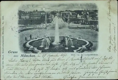 Mondschein Ak München Bayern, Blick von der Luitpoldbrücke, Springbrunnen