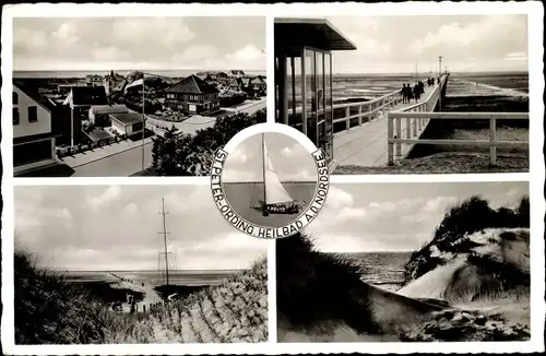 Ak Nordseebad Sankt Peter Ording, Teilansicht, Meer, Dünen, Seebrücke, Segelboot
