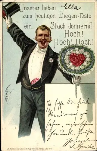 Litho Glückwunsch Geburtstag, Mann Frack, Zylinder, Blumenstrauß