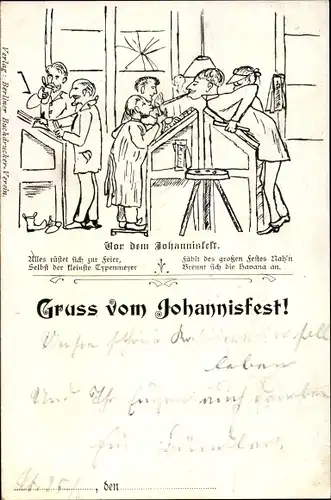 Künstler Ak Berliner Buchdrucker Verein, Johannisfest, Drucker zünden Zigarren an