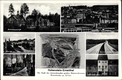 Landkarten Ak Hohenstein Ernstthal in Sachsen, Sachsenring, Bethlehemstift, Autobahn, Karl May Haus
