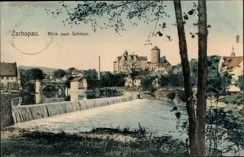 Ak Zschopau im Erzgebirge Sachsen, Blick auf den Ort, Schloss, Wehr