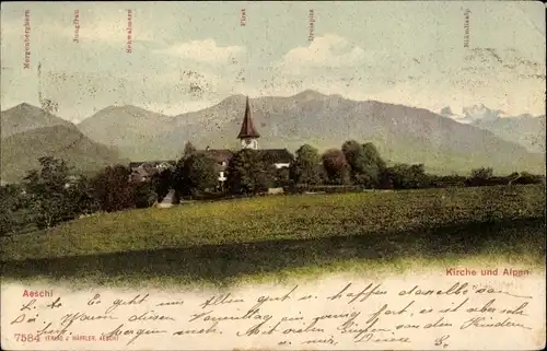 Ak Aeschi bei Spiez Kanton Bern, Kirche, Morgenberghorn, Jungfrau, Blümlisalp, Dreispitz