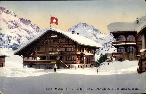 Ak Maloja Kanton Graubünden, Hotel Schweizerhaus und Casa Segantini, Winter