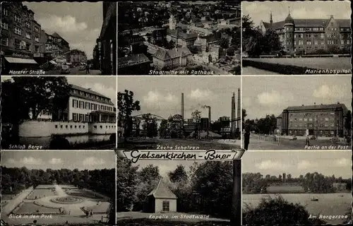 Ak Buer Gelsenkirchen im Ruhrgebiet, Partie an der Post, Blick in den Park, Rathaus, Schloss Berge