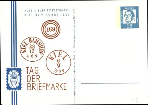 Ganzsachen Ak Kiel in Schleswig Holstein, Tag der Briefmarke, alter Kieler Poststempel a. d. J. 1863