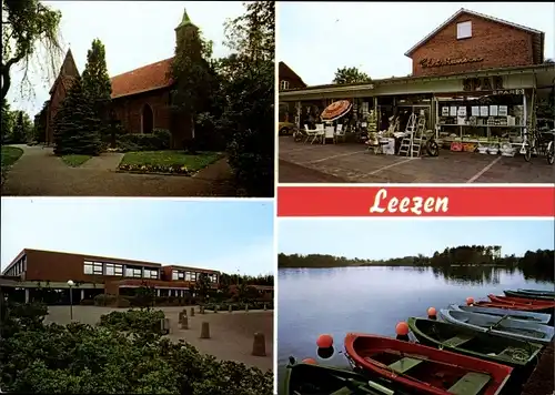 Ak Leezen Schleswig Holstein, Kirche, Geschäft, Schule, Boote