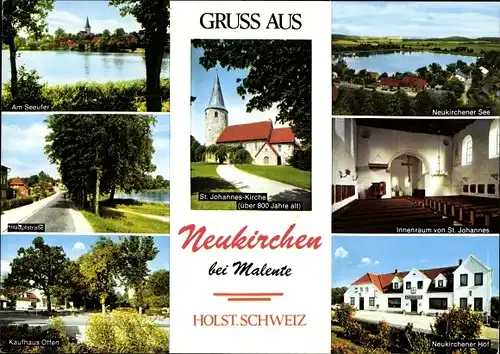 Ak Neukirchen in Holstein, St. Johannes Kirche, Seeansichten, Neukirchener Hof, Kaufhaus