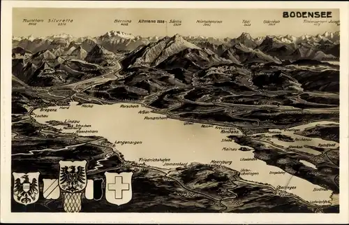 Landkarten Wappen Ak Friedrichshafen am Bodensee, Panorama, Meersburg, Rorschach, Lindau