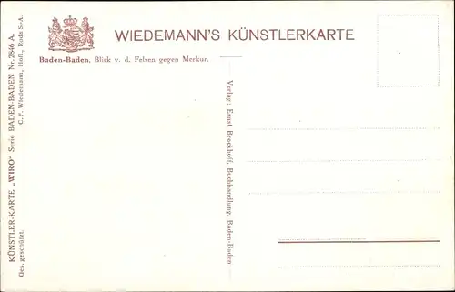 Künstler Ak Baden Baden am Schwarzwald, Blick von den Felsen gegen Merkur, Wiro 2846