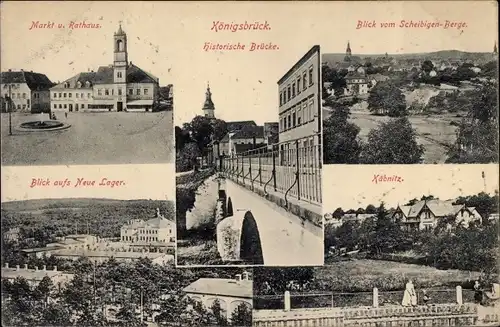 Ak Königsbrück in der Oberlausitz, Markt, Rathaus, historische Brücke, Neues Lager, Käbnitz